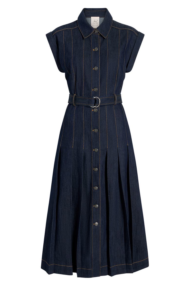 Karter Pleated Belted Denim Midi Dress, Alternate, color, INDIGO
