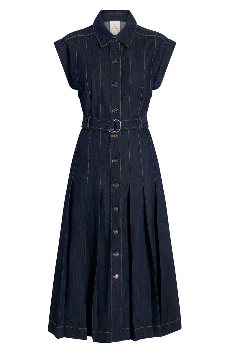 Cinq à Sept Karter Pleated Belted Denim Midi Dress, Alternate, color, Indigo