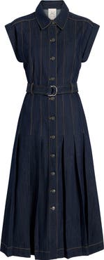 Cinq à Sept Karter Pleated Belted Denim Midi Dress