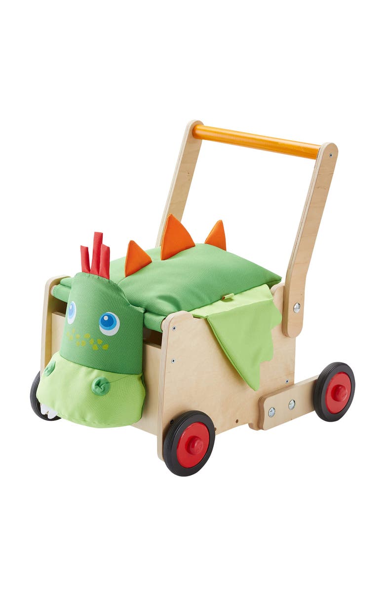 HABA Dragon Wooden Baby Walker Wagon and Baby Push Toy that Turns into a Toy Box for Toddlers, Push Walker with Brake for Adjustable Speed, Main, color, Green Multi