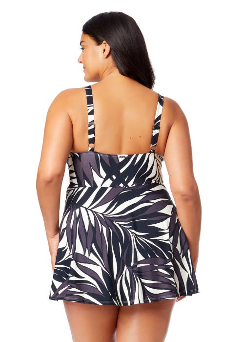 Anne Cole Plus Plus Palm Chic Surplice Twist Skirted Swimdress In Palm Chic