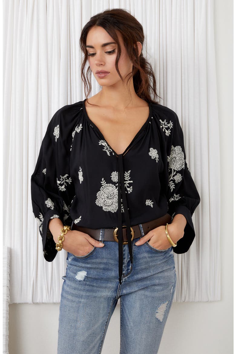 Embroidered Blouson Sleeve Top, Alternate, color, BLACK