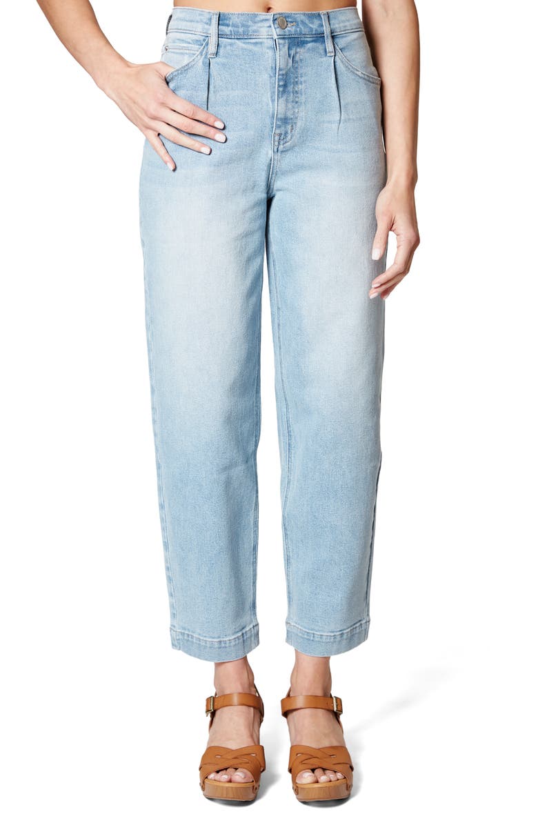 Nicole Miller High Waisted Pleated Front Tapered Leg Jeans, Main, color, Mid Blue