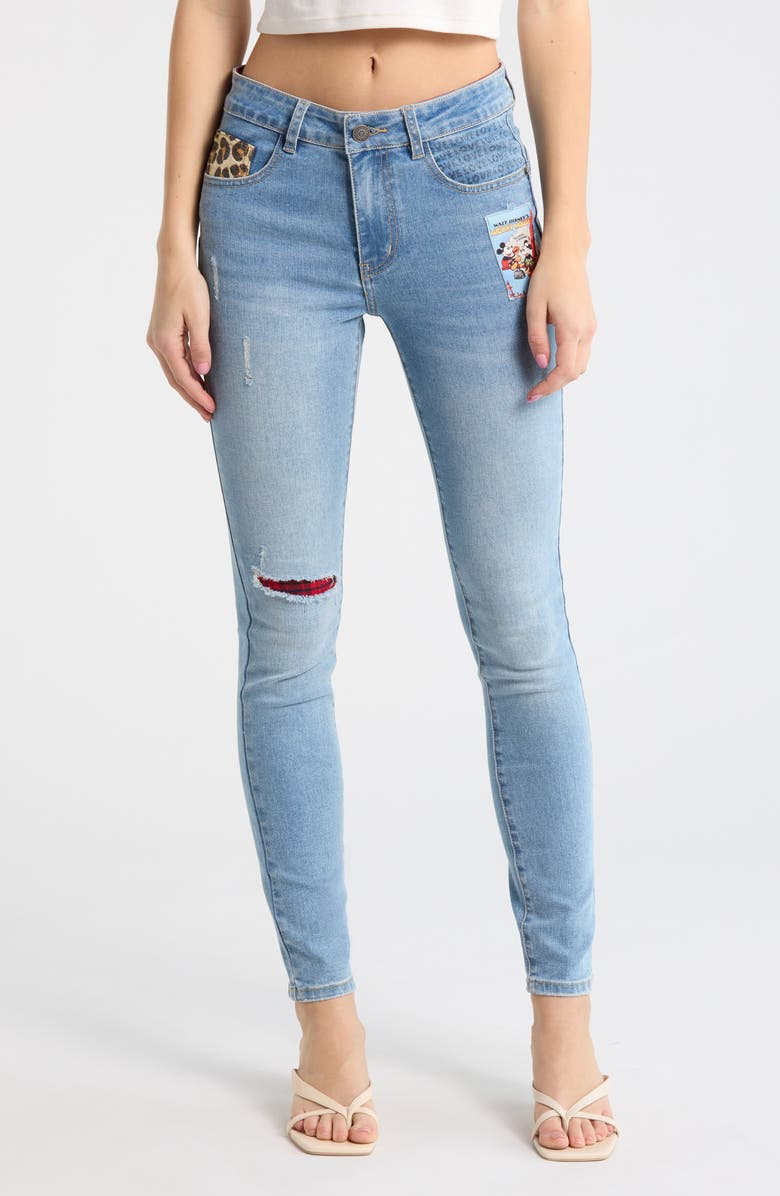 Desigual Mickey Mouse Patchwork Skinny Jeans, Main, color, Medium Blue