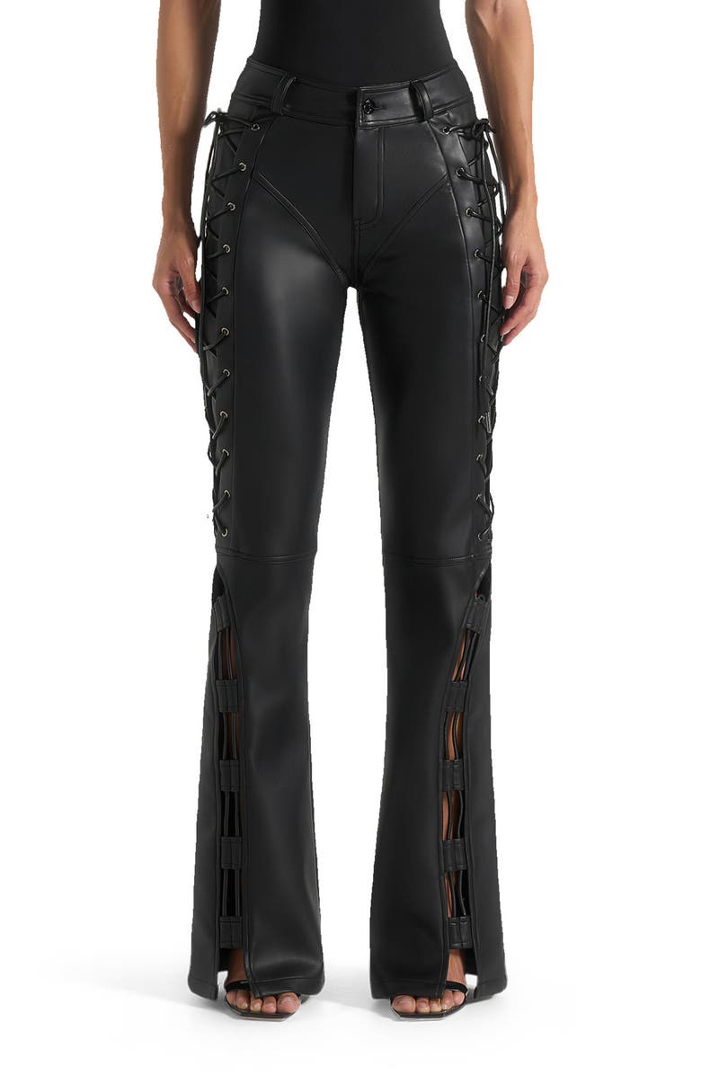 Manière De Voir Ambre Leather Lace Up Flared Trousers, Alternate, color, Black
