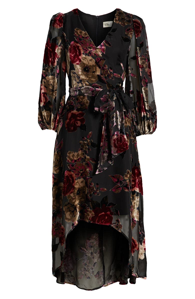 Eliza J Floral Burnout Long Sleeve High-Low Cocktail Dress, Alternate, color, 