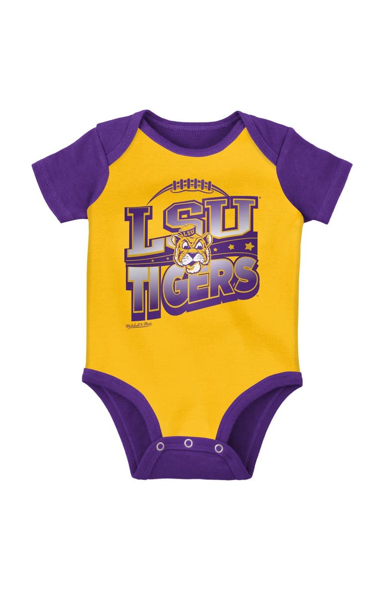 Mitchell & Ness Infant Mitchell & Ness Purple/Gold LSU Tigers 3-Pack Bodysuit, Bib and Bootie Set, Alternate, color, Purple
