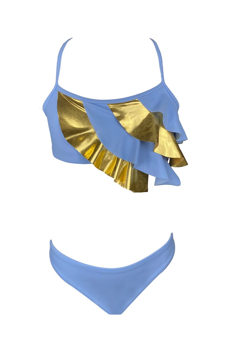 NESSI BYRD Kids' Multi-Layered Gold Detail Ruffle Two-Piece Bikini, Main, color, Blue