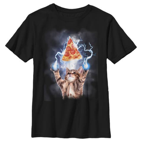 Boy's Lost Gods Cat Pizza Lightning Power  Graphic T-Shirt