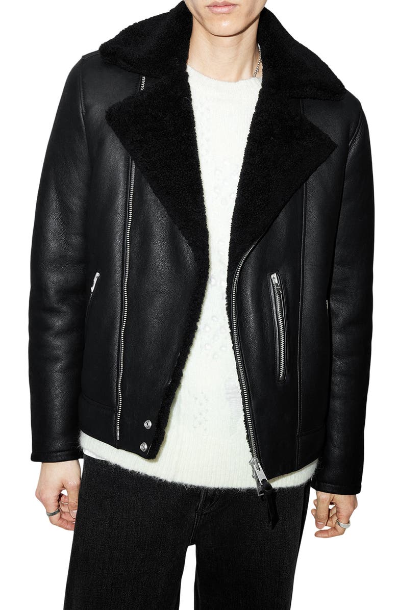 AllSaints Xena Shearling Lined Leather Biker Jacket, Main, color, 