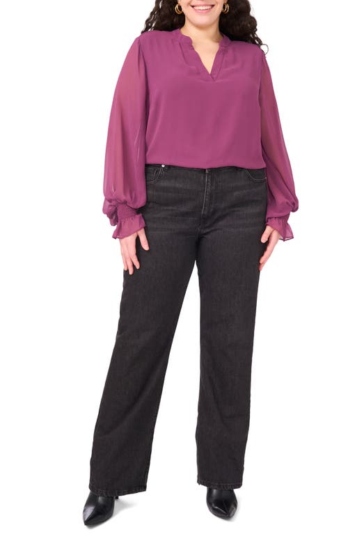 Vince Camuto Split Neck Sheer Long Sleeve Chiffon Top In Purple