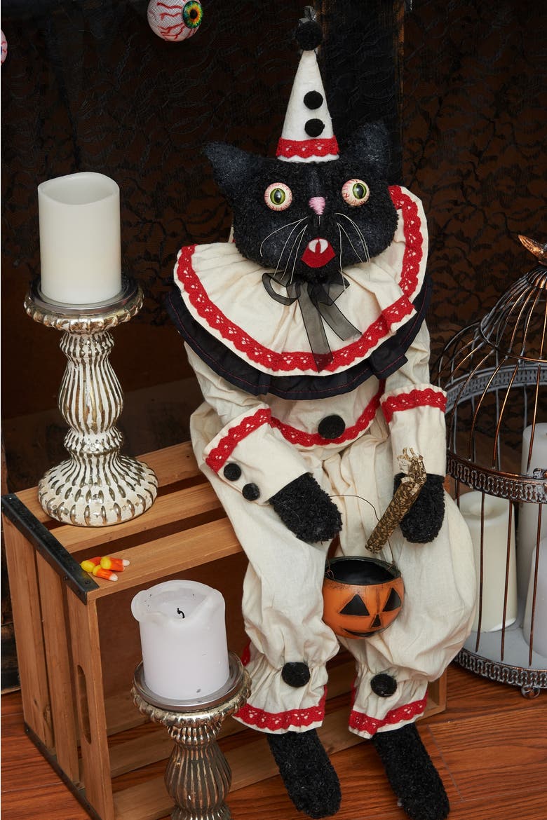 Sebastian Black Cat Clown Halloween Joe Spencer Gathered Traditions Figurine, Alternate, color, White