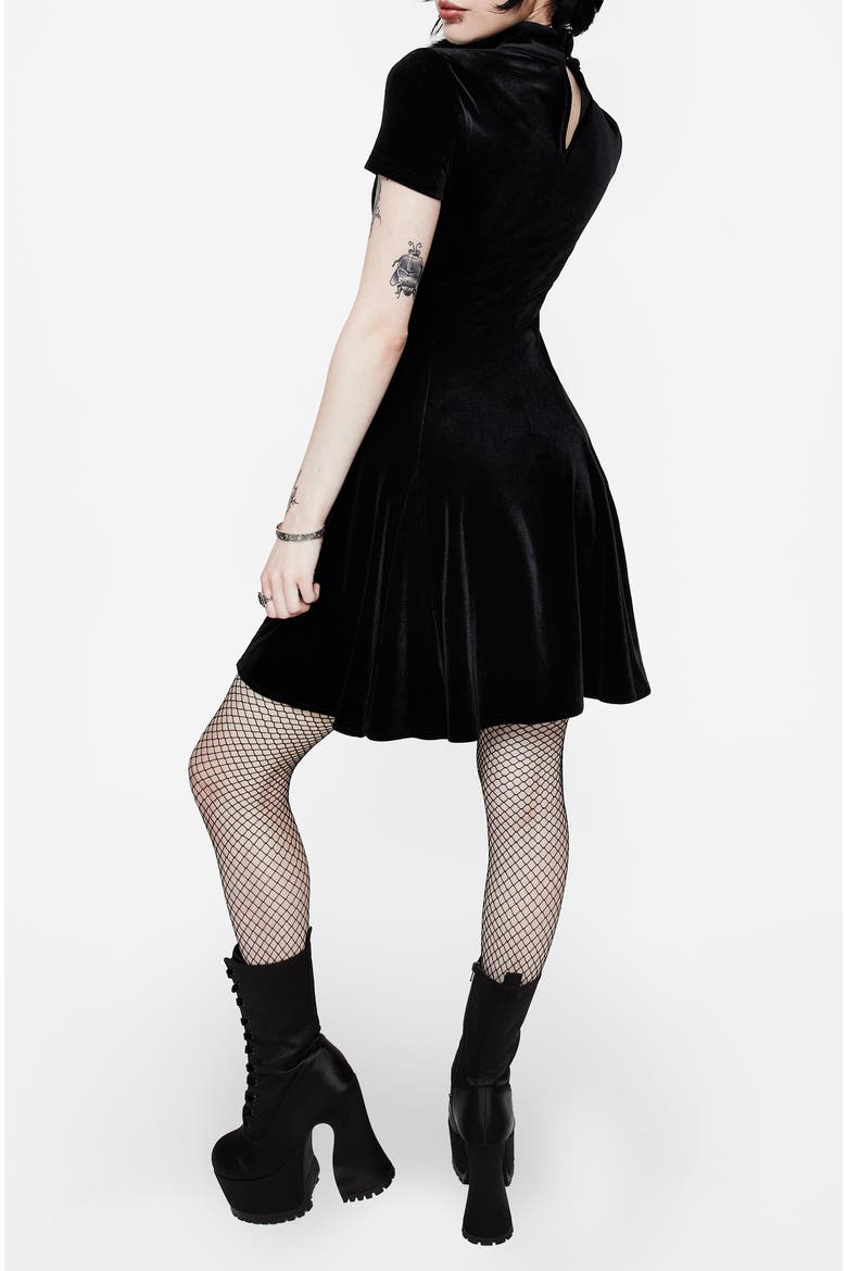 Cameo High Neck Flocked Mini Dress, Alternate, color, Black