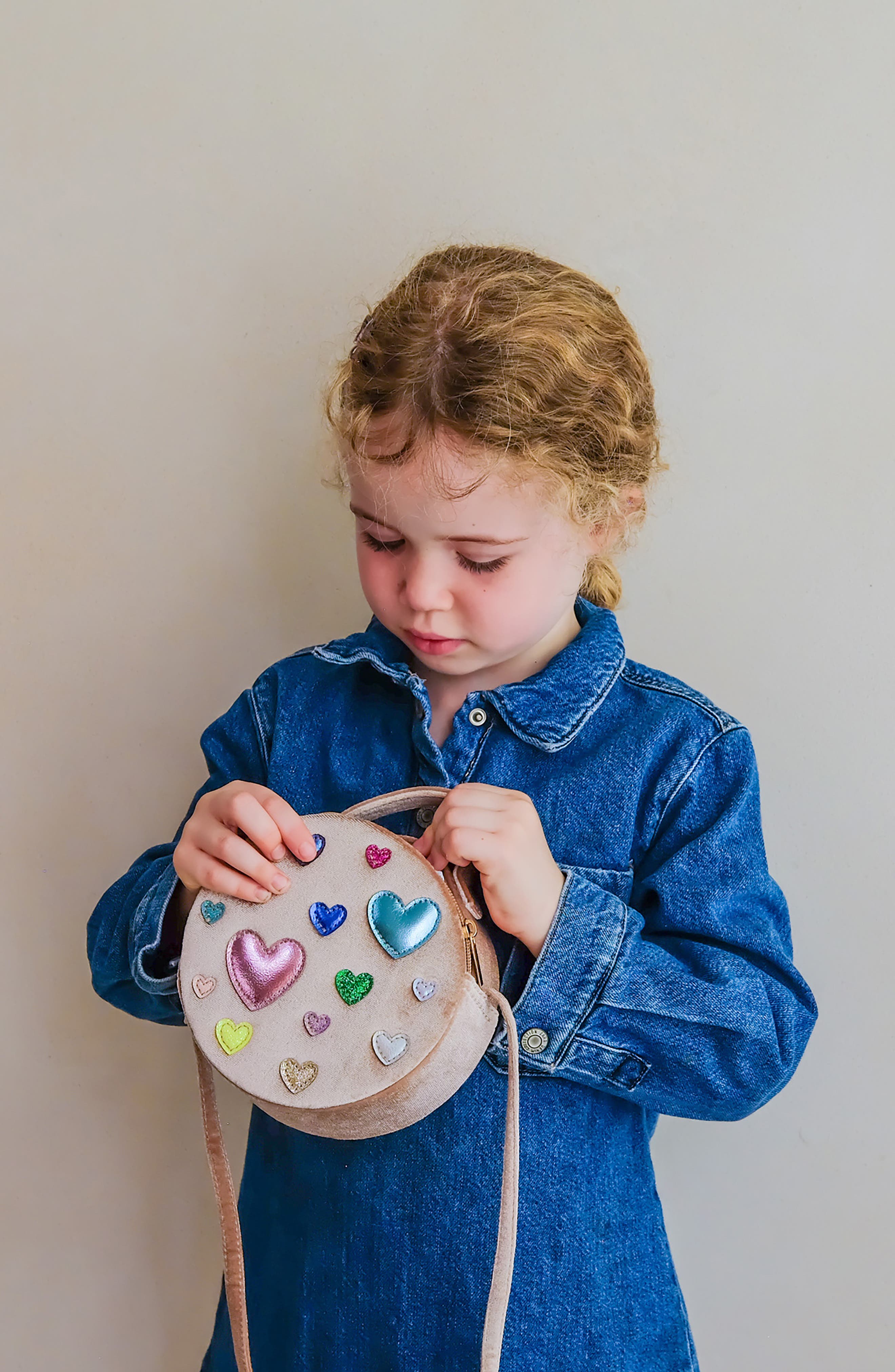 Kids' Scatter Hearts Velvet Bag, Alternate, color, LIGHT BEIGE