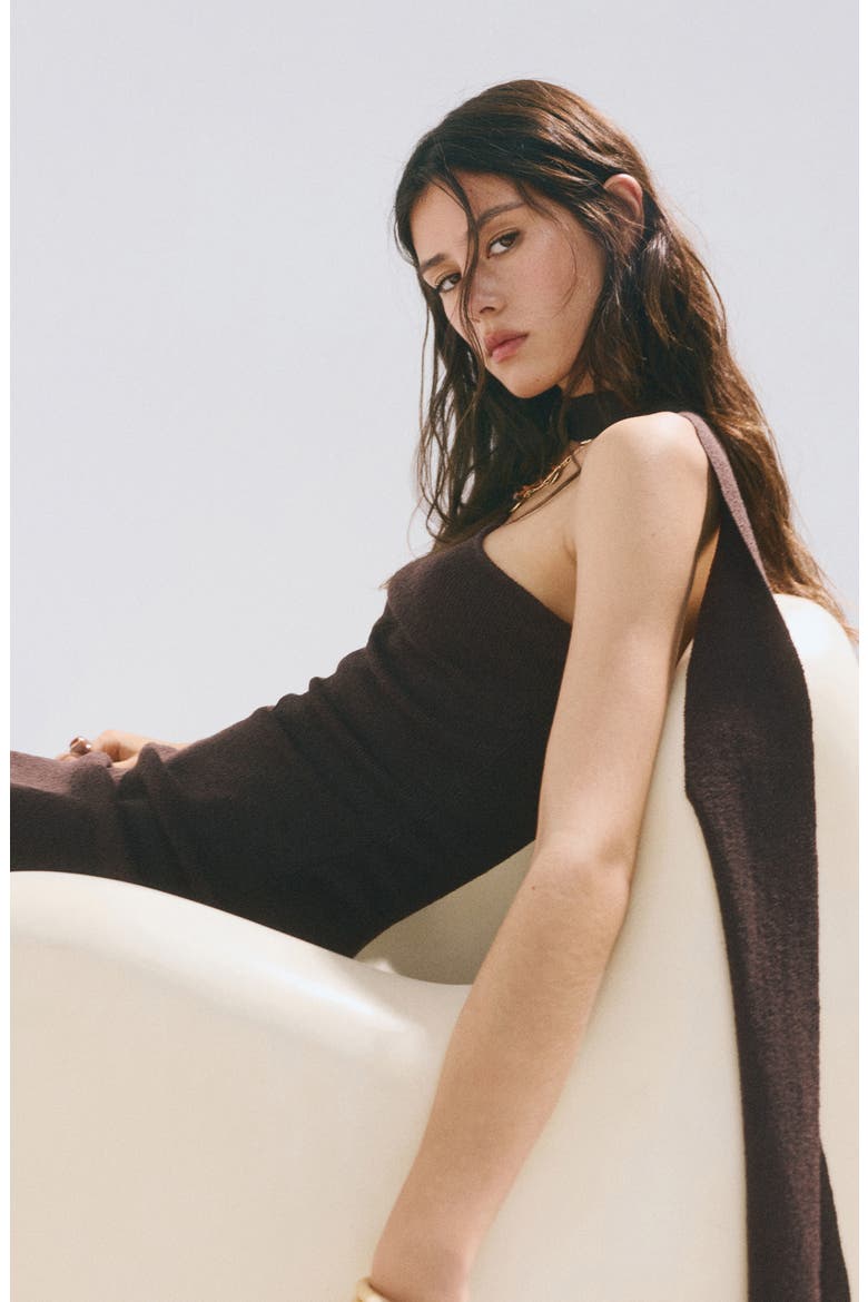 Asymmetrical Knit Dress with Scarf, Alternate, color, CHOCOLATE