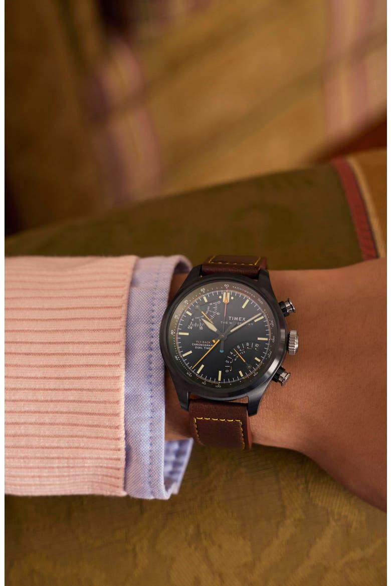 Timex® Waterbury Ace Fly-Back Chronograph Leather Strap Watch (Men