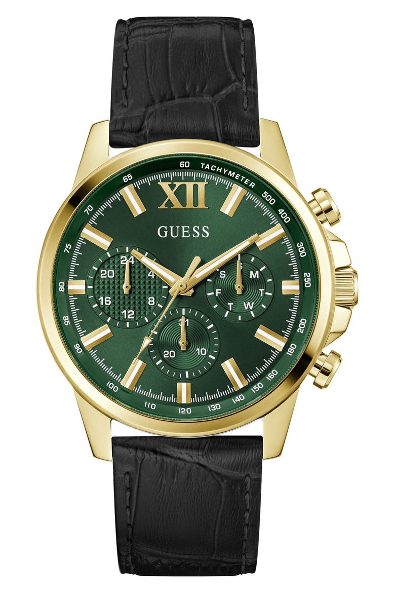 Walker Green Dial Multifunction Leather Strap Watch, 44mm, Main, color, BLACK