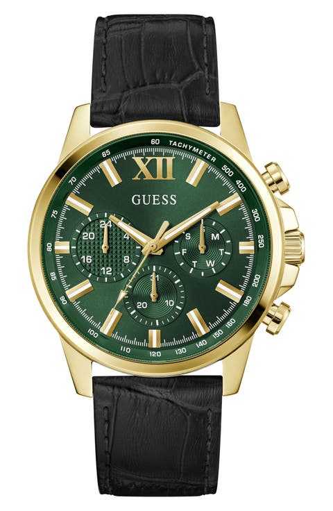 Walker Green Dial Multifunction Leather Strap Watch, 44mm