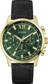 GUESS Walker Green Dial Multifunction Leather Strap Watch, 44mm