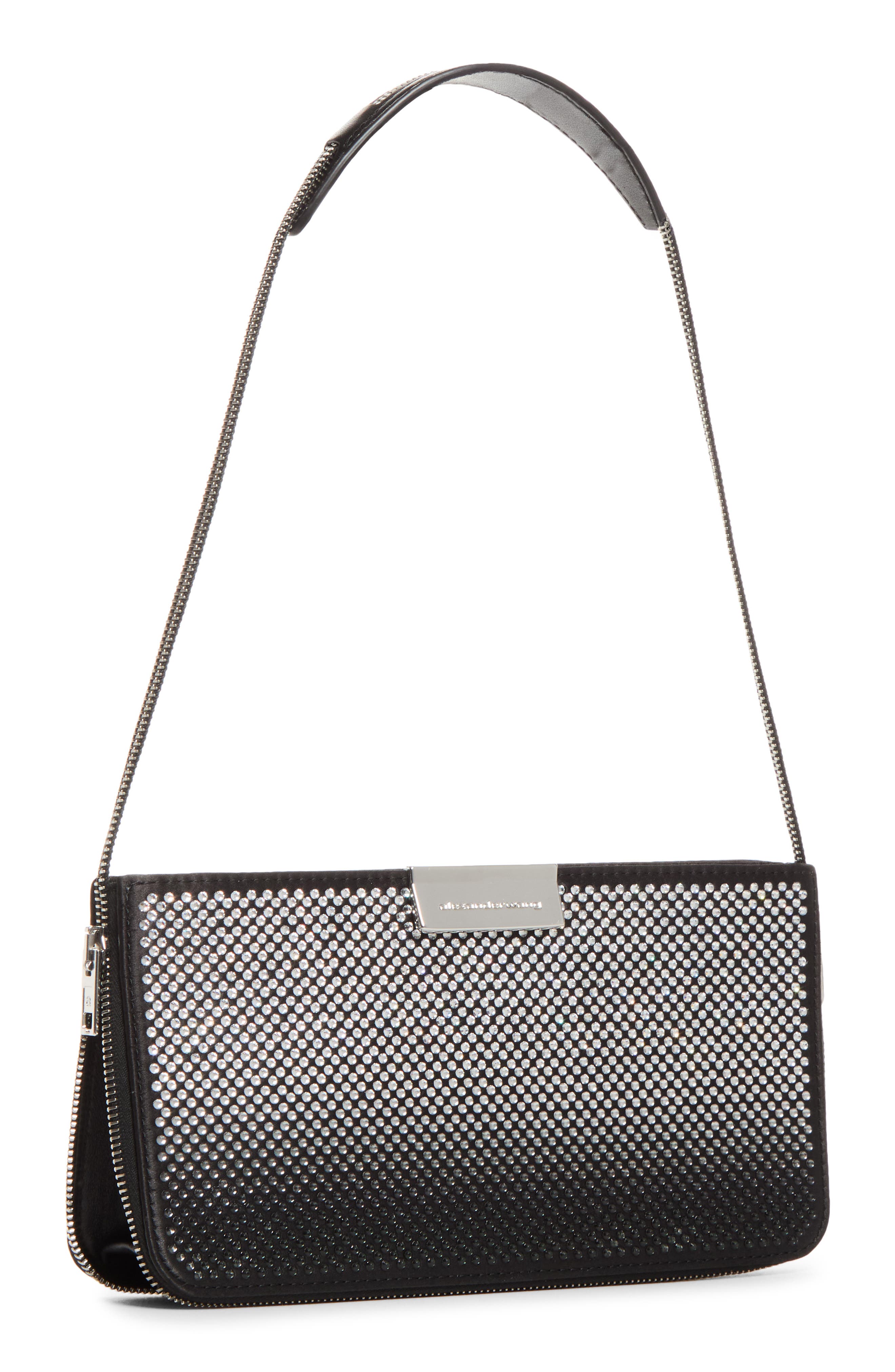 Siren Pochette Studded Satin Shoulder Bag, Alternate, color, BLACK