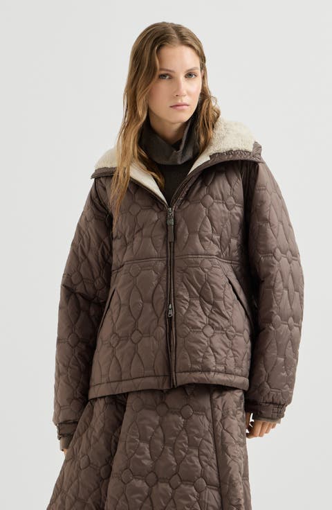 Water-resistant matte nylon outerwear jacket with Thermore® padding, shearling and shiny zipper pull