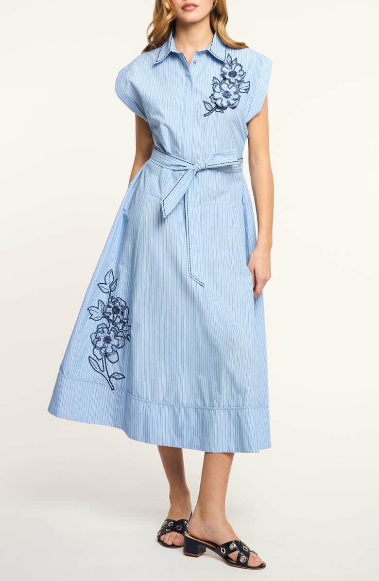 Cinq à Sept Callie Floral Appliqué Stripe Midi Shirtdress, Main, color, Blue Wisteria Multi