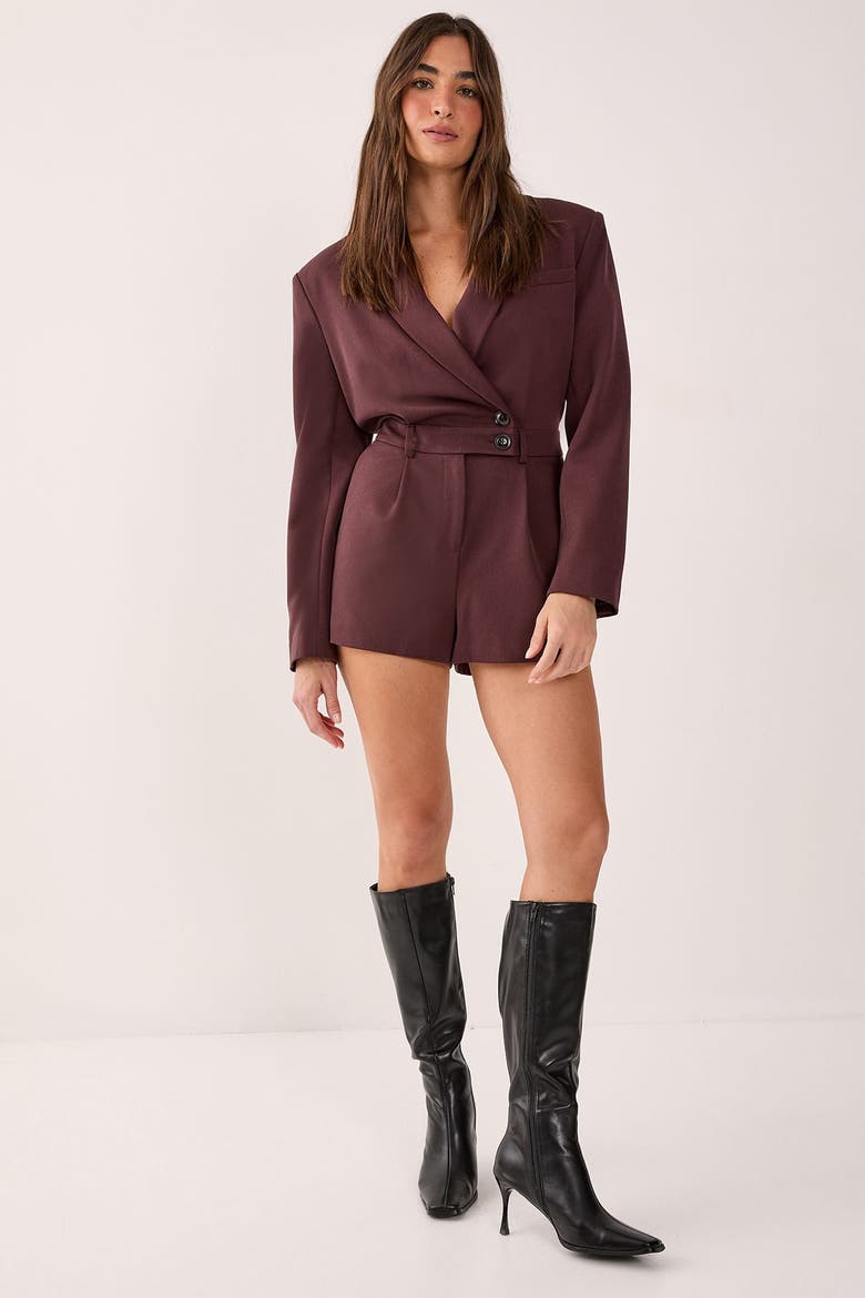 Tailored Button Detail Romper, Alternate, color, Chocolate