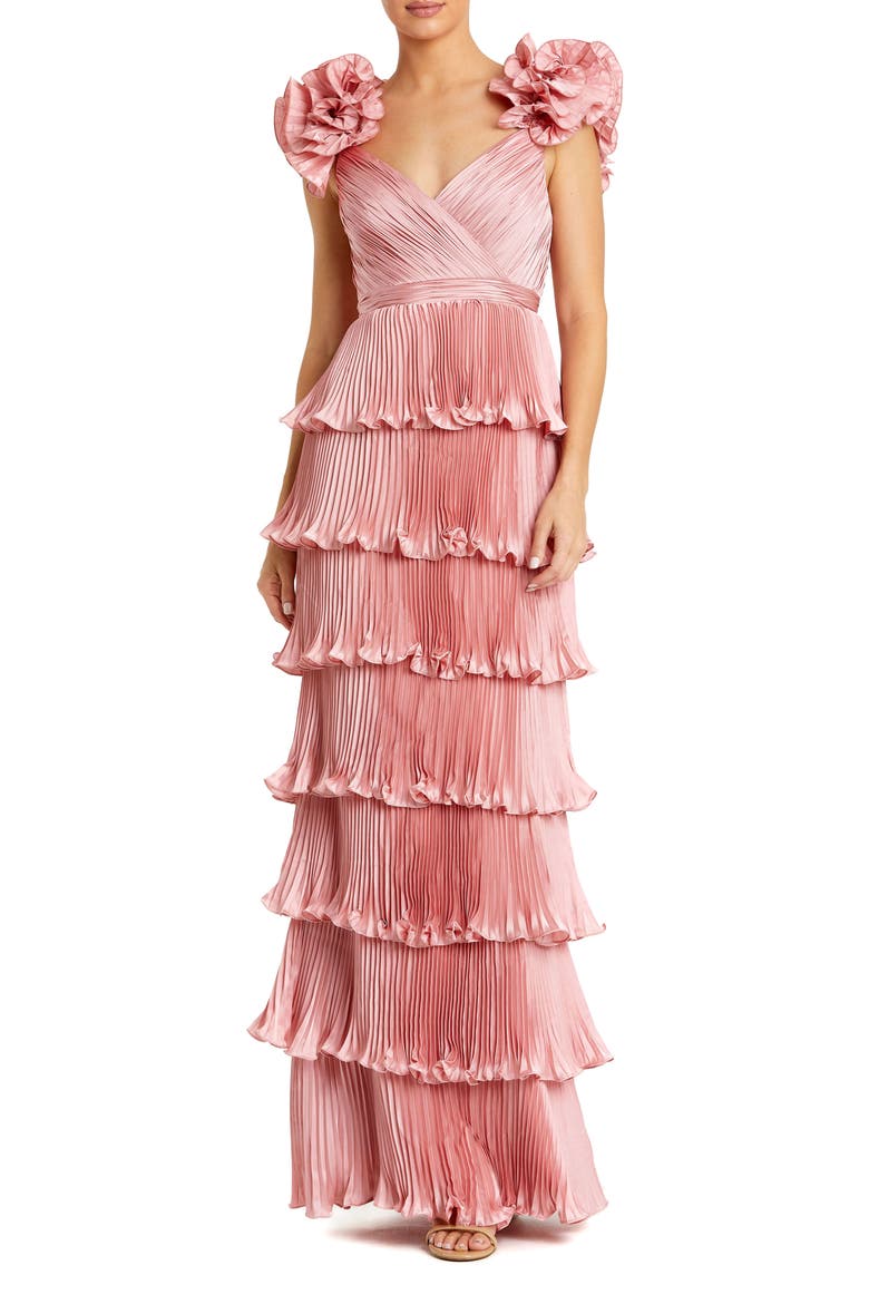 Pleated Charmeuse Tiered Gown With Ruffle Straps, Main, color, Rose