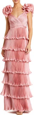 Mac Duggal Pleated Charmeuse Tiered Gown With Ruffle Straps