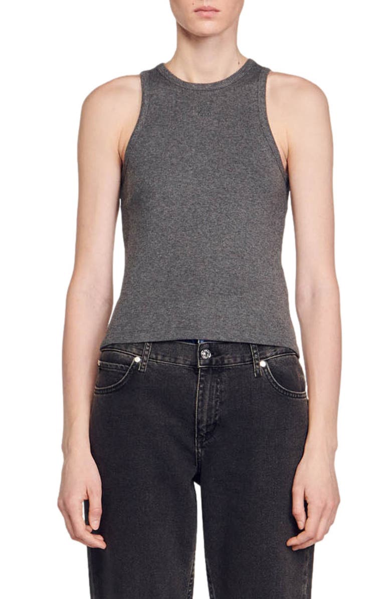 SANDRO Jordie Embroidered Logo Rib Racerback Tank, Main, color,