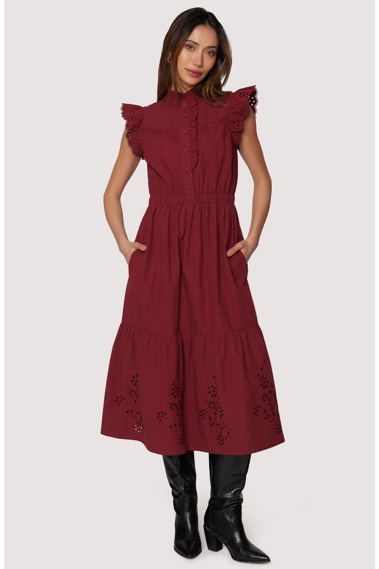 Artista Aura Cap Sleeve Cotton Midi Dress, Alternate, color, CRIMSON