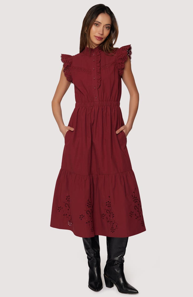 Lost + Wander Artista Aura Cap Sleeve Cotton Midi Dress, Alternate, color, Crimson