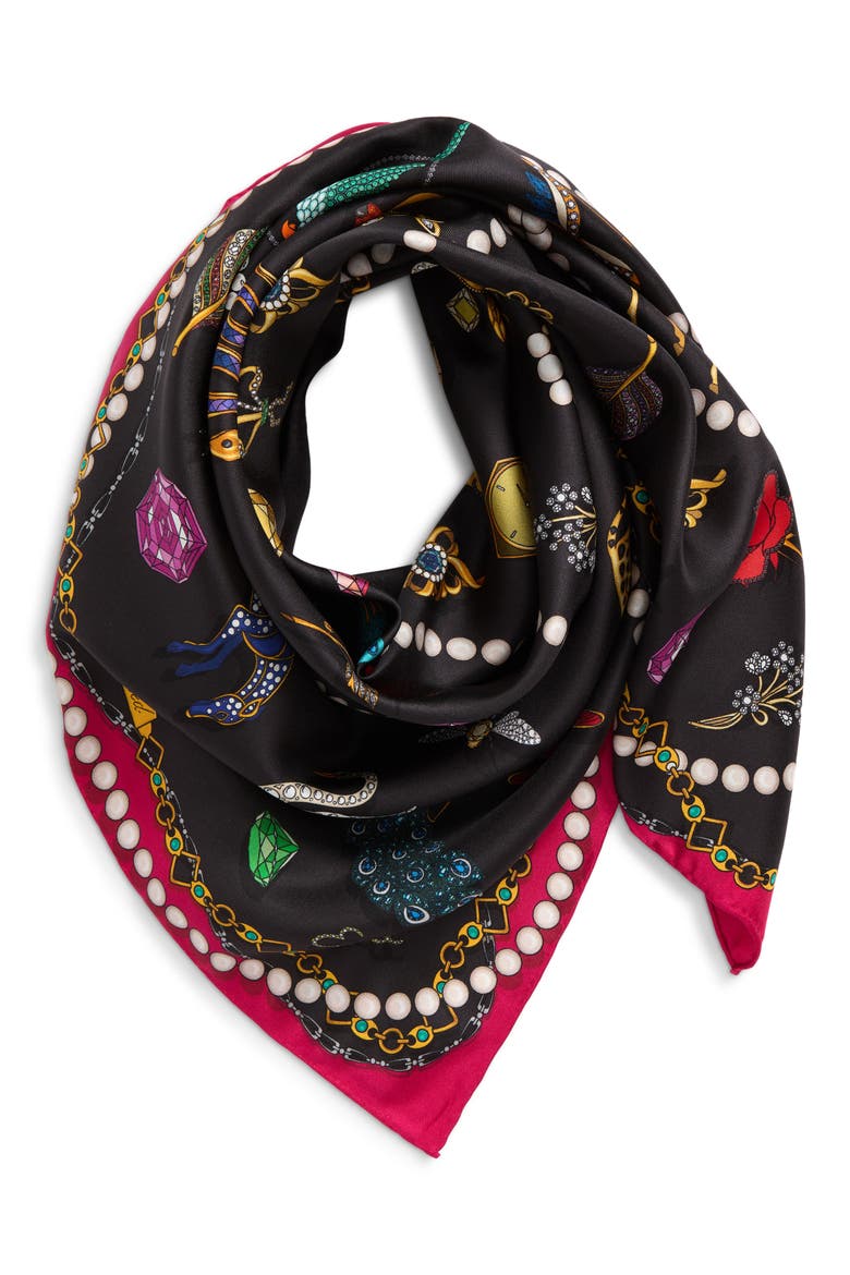 Bejeweled Silk Square Scarf, Main, color, BLACK