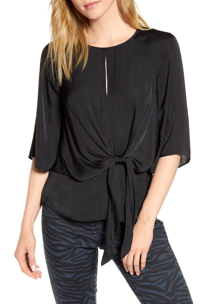 Bell Sleeve Tie Waist Hammered Satin Blouse, Main, color, RICH BLACK