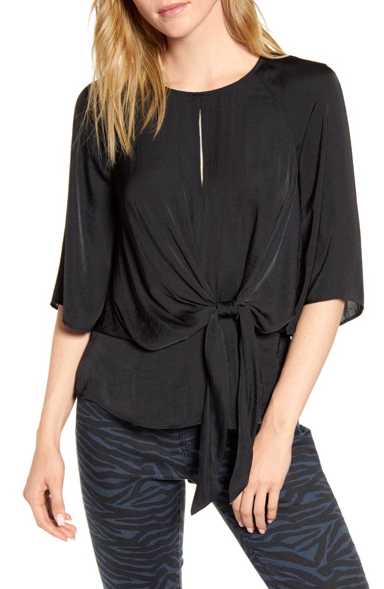 Vince Camuto Bell Sleeve Tie Waist Hammered Satin Blouse, Main, color,