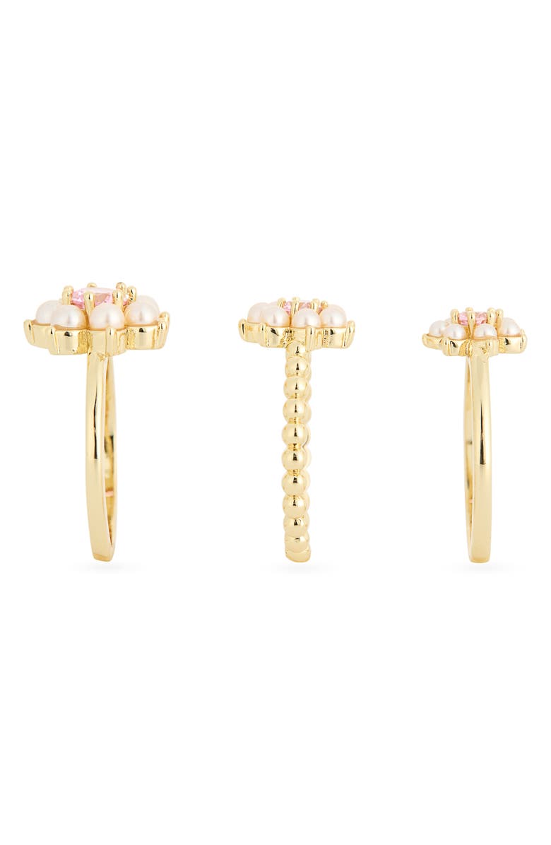 Covet Set of 3 Faux Pearl & Cubic Zirconia Flower Rings, Alternate, color, Blush Multi / Gold