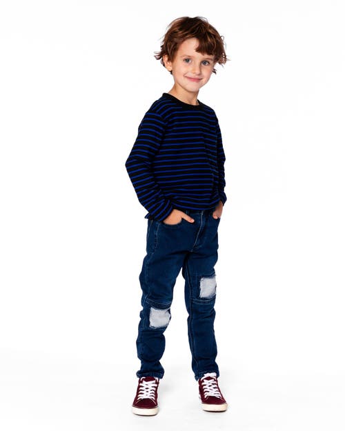 Deux Par Deux Long Sleeve Brushed Jersey Striped Tee In Blue