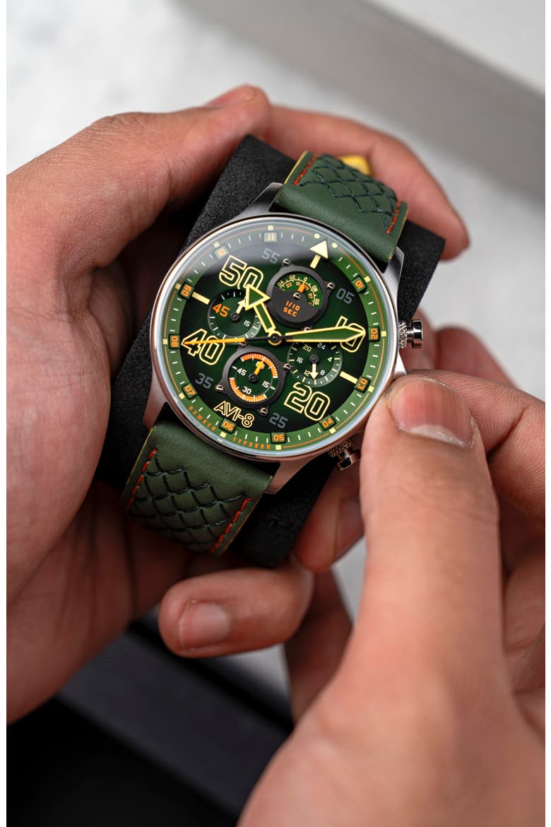 Hawker Typhoon Coningham Harding Chronograph Leather Strap Watch, 42mm, Alternate, color, GREEN