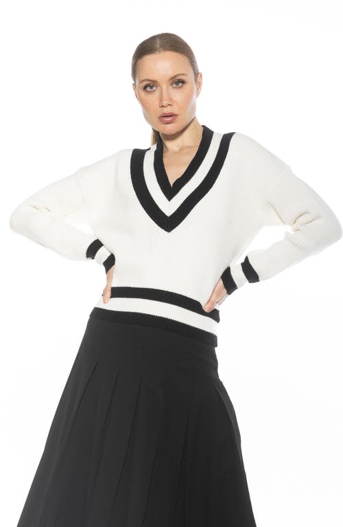 Alexia Admor Leona V-neck Varsity Polo Sweater In Ivory/black