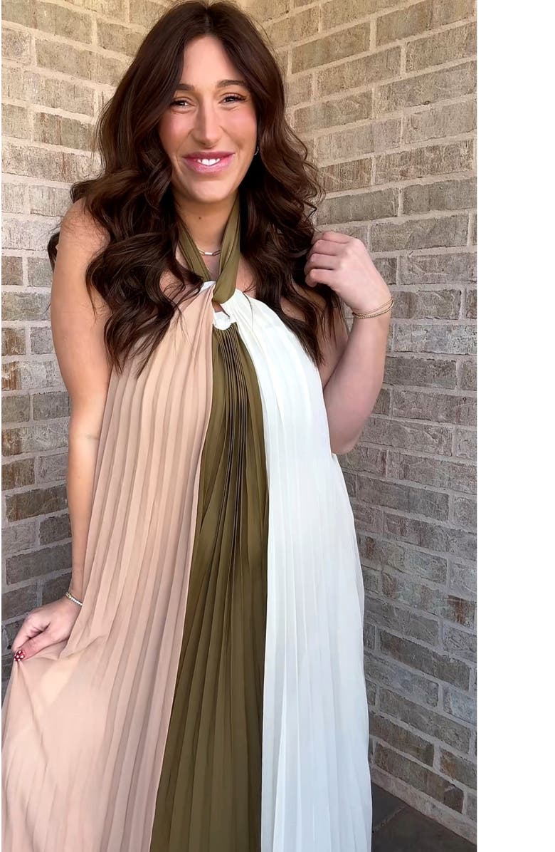 PinkBlush Pleated Halter Neck Maxi Dress, Alternate, color, Olive Green