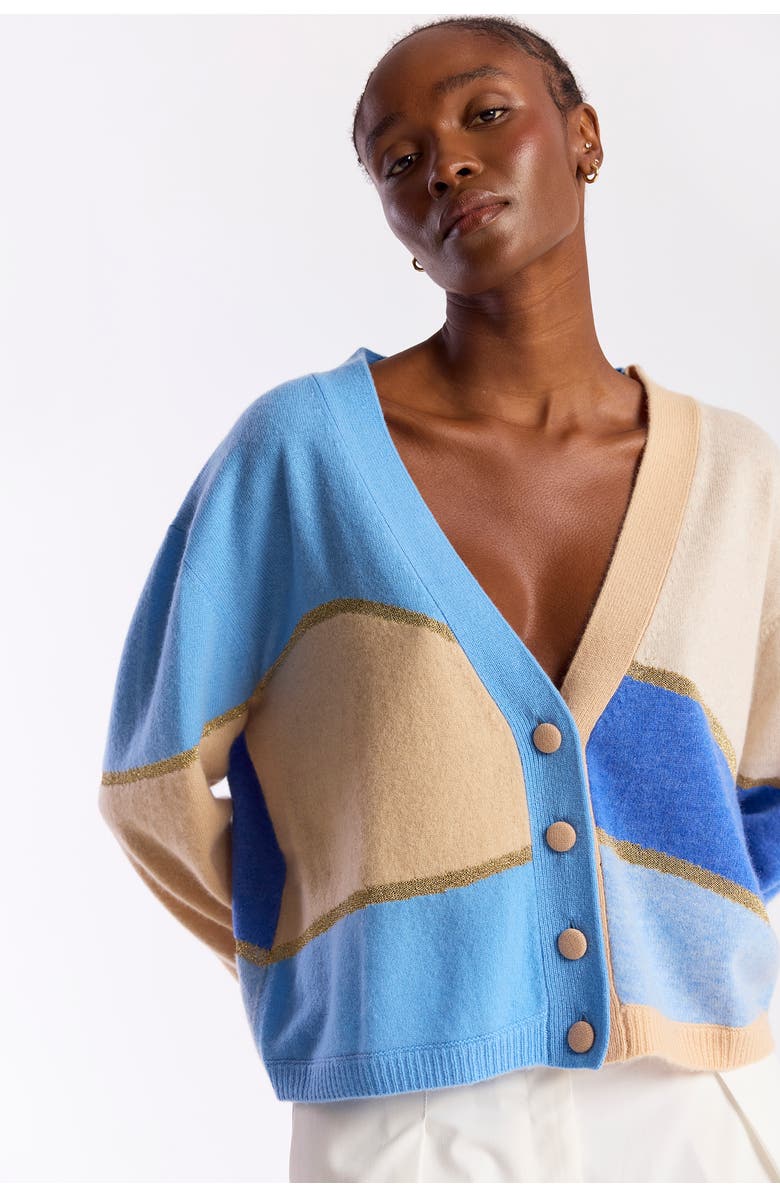 Brodie Pure Cashmere Abstract Scenic 100% Cashmere Cardigan, Alternate, color, Soft Camel/Splash, Willow