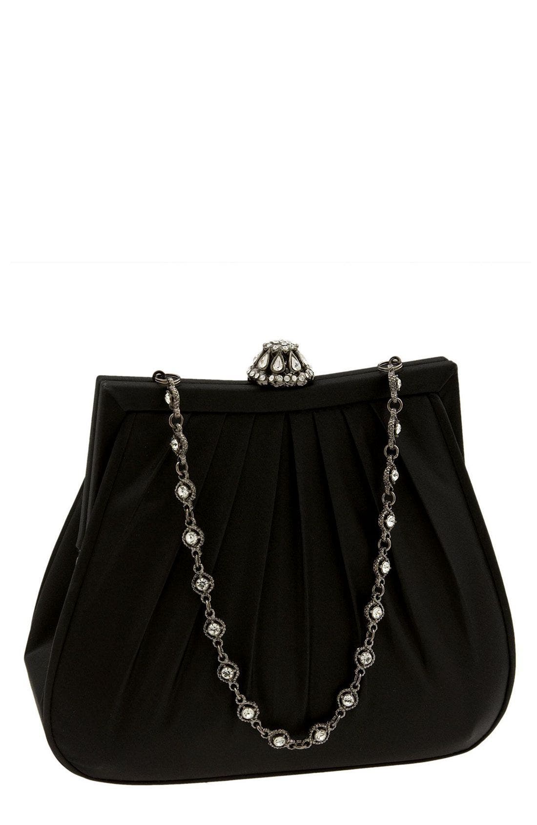 Pleated Silk Frame Clutch, Main, color, BLACK