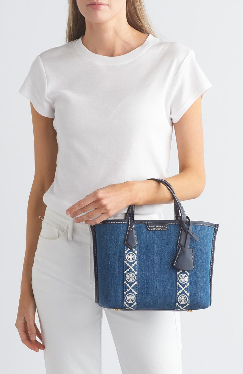 Tory Burch Perry Triple Compartment Denim Tote, Alternate, color,