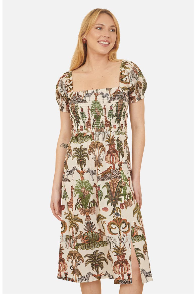 Cotton Safari Print Ruched Midi Dress, Alternate, color, Multi