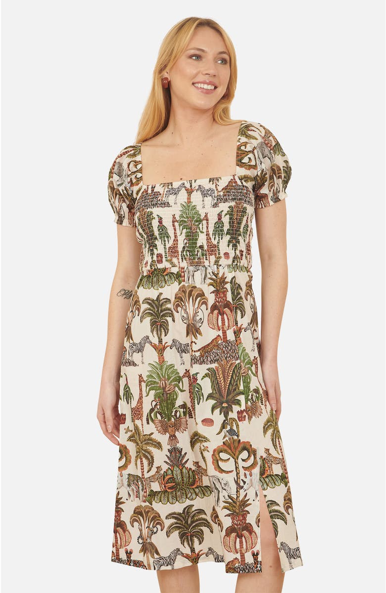 Yumi Cotton Safari Print Ruched Midi Dress, Alternate, color, Multi