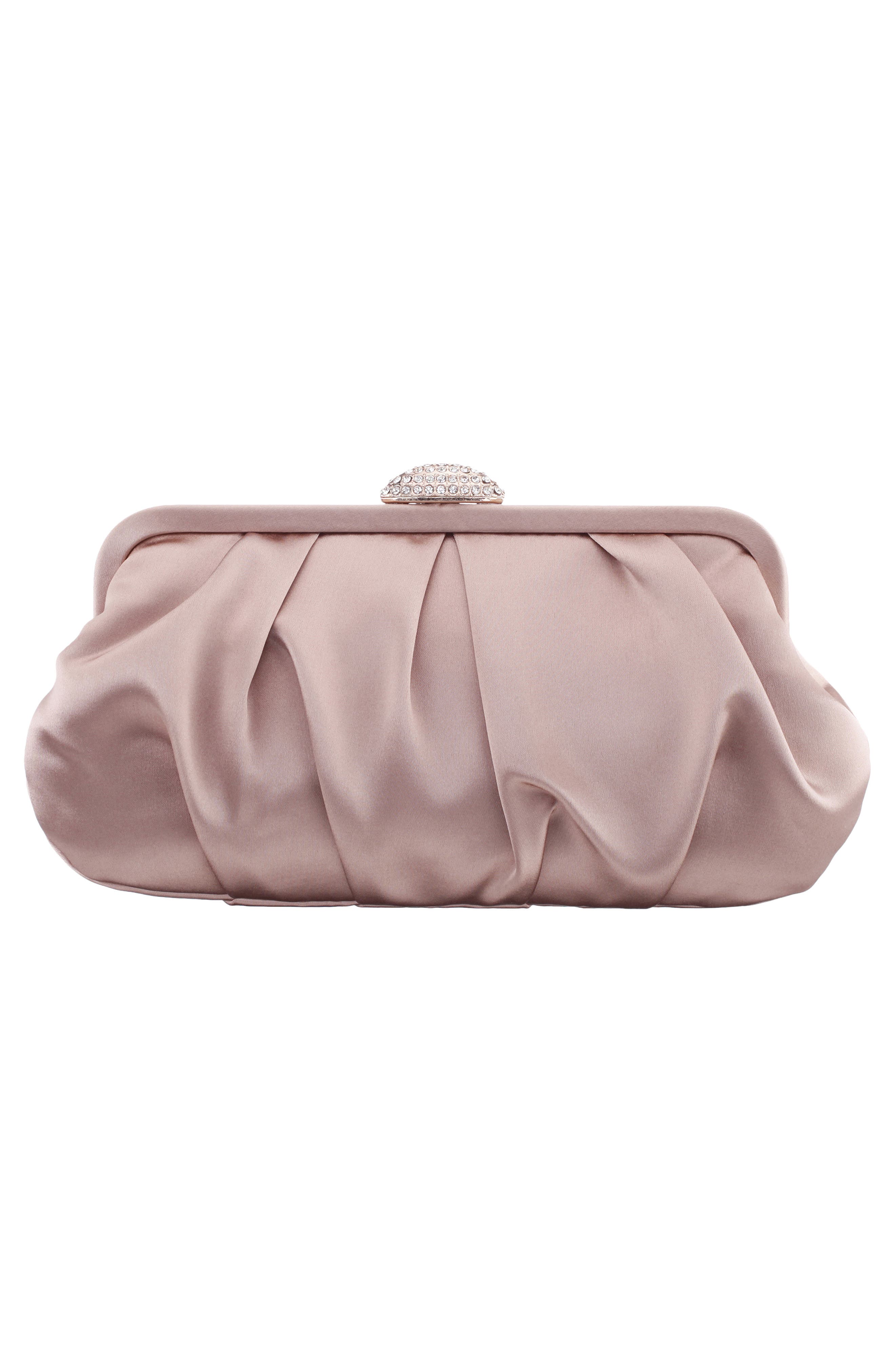 Concord Pleated Satin Frame Clutch, Alternate, color, HONEY