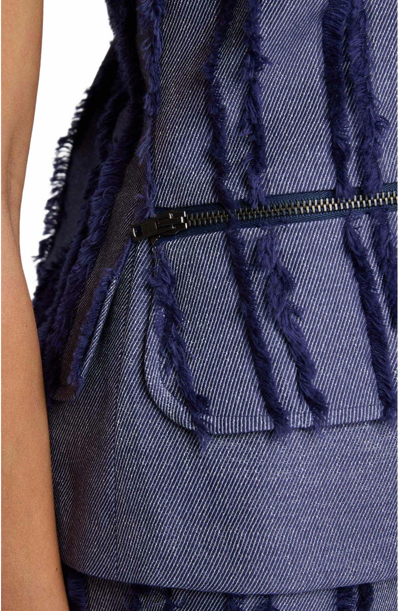 Santorelli CATERINA Sleeveless Top with Zipper Detail in Stripe Fringed Denim, Alternate, color, 