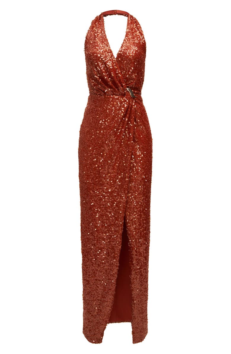 HALSTON Svetlana Foil Sequin Halter Gown, Alternate, color, 