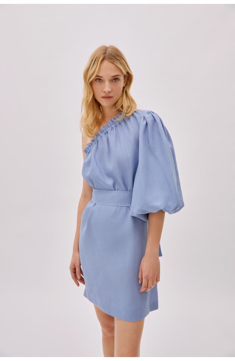 Labeca London Florence Cloud Blue Linen One Sleeve Dress, Alternate, color, Blue