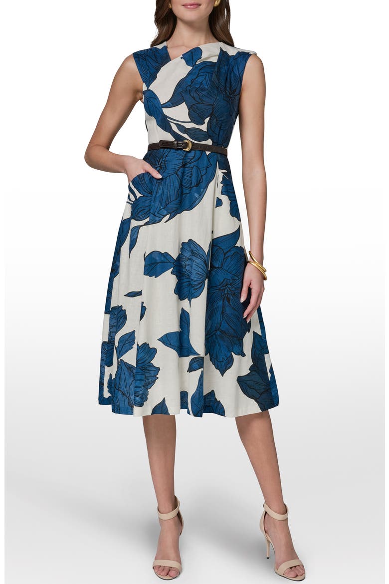 Belted Floral Linen Blend Fit & Flare Dress, Main, color, CREAM/ NIGHT